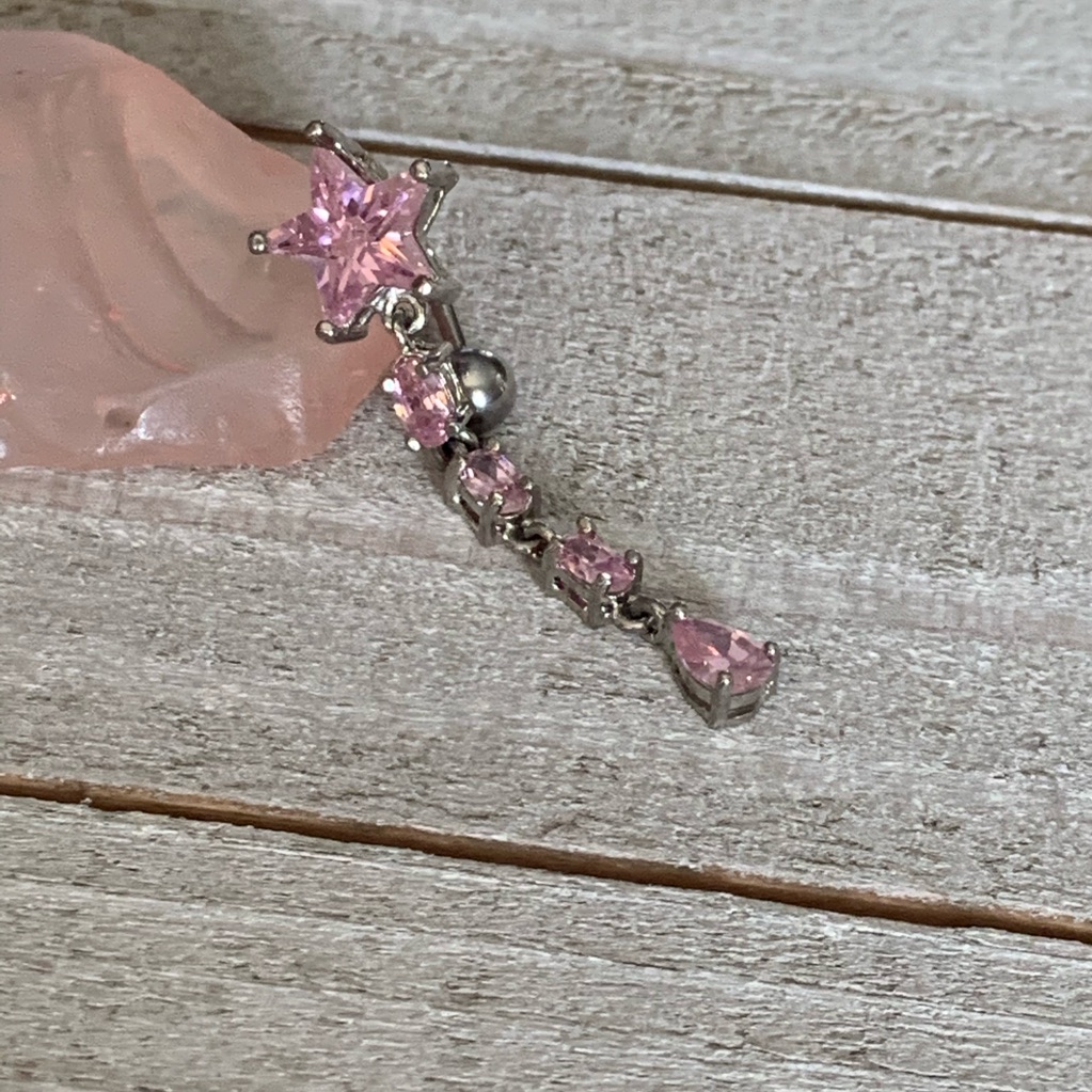 Star Pink Gem Reverse Dangle Navel Ring 16 Gauge Belly Button Ring
